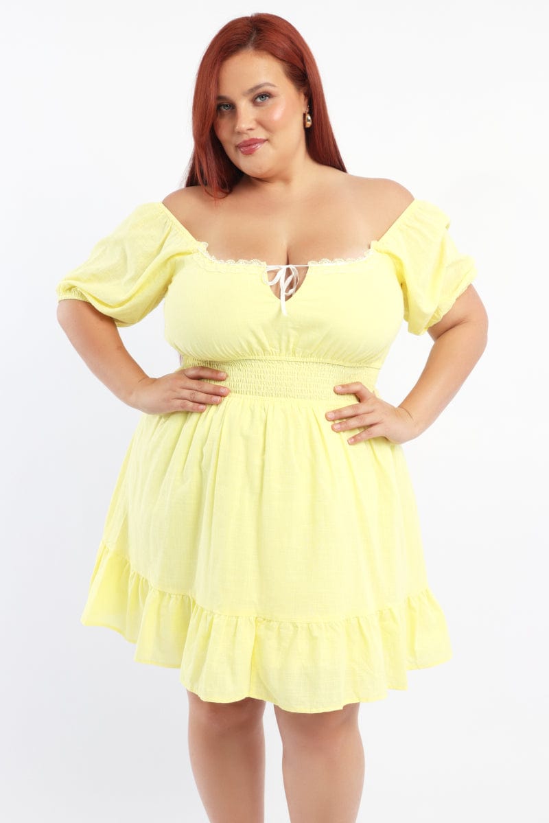 Yellow Cotton Blend Ribbon Trim Shirred Waist Minidress for YouandAll Fashion