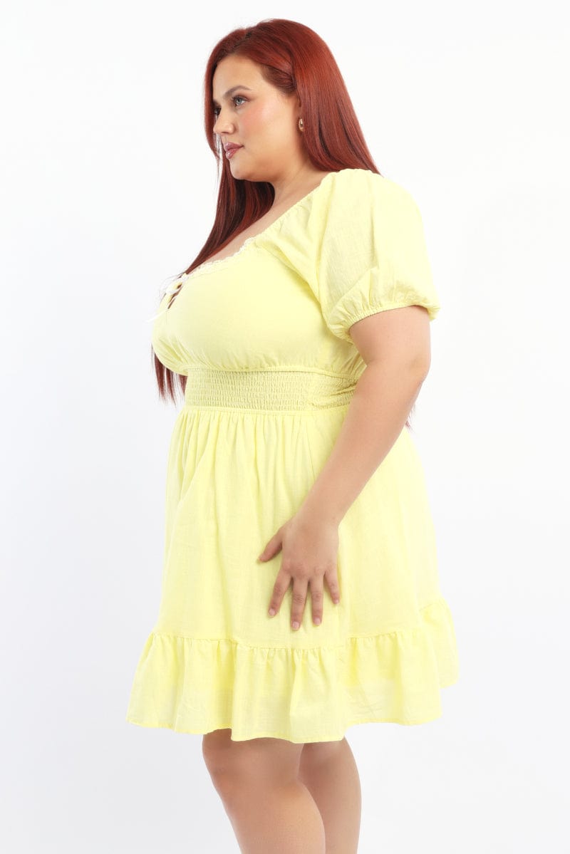 Yellow Cotton Blend Ribbon Trim Shirred Waist Minidress for YouandAll Fashion