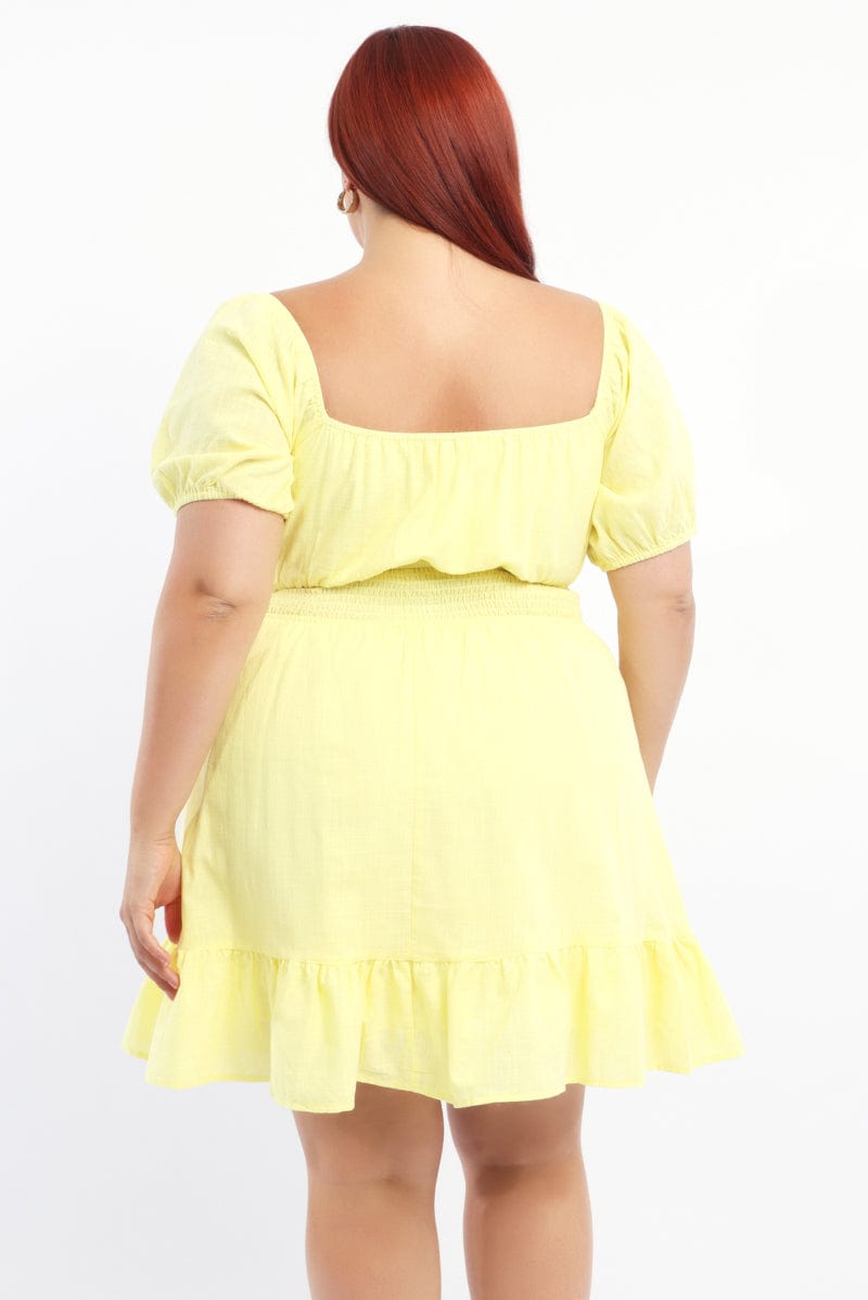 Yellow Cotton Blend Ribbon Trim Shirred Waist Minidress for YouandAll Fashion