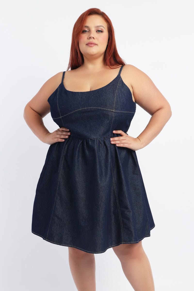 Denim Contrast Stitching Flare Mini Dress | You & All Denim Contrast Stitching Flare Mini Dress | You & All