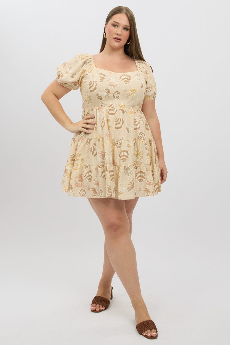 Beige Abstract Puff Sleeve Sweetheart Neck Dress for YouandAll Fashion