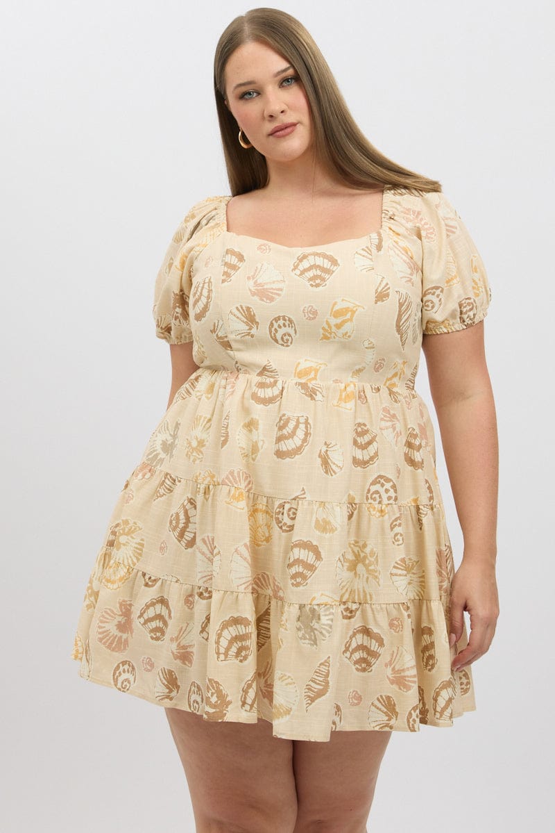 Beige Abstract Puff Sleeve Sweetheart Neck Dress for YouandAll Fashion