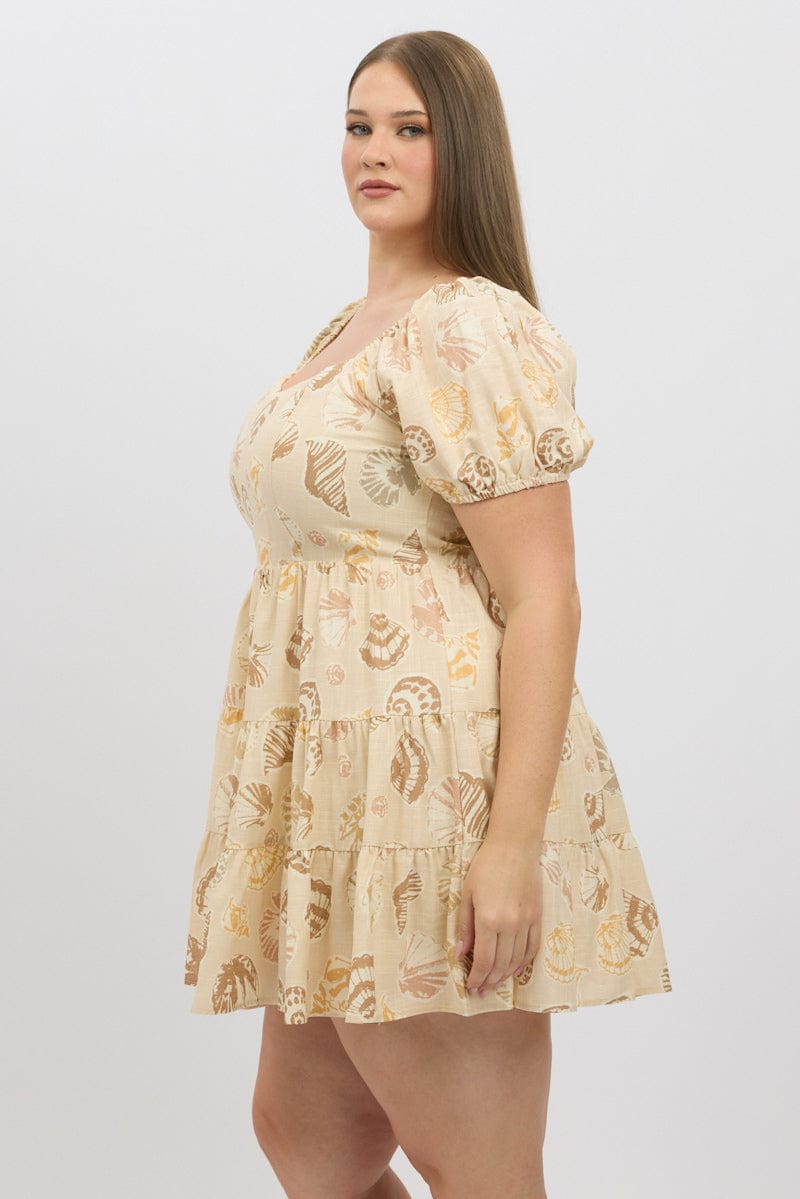 Beige Abstract Puff Sleeve Sweetheart Neck Dress for YouandAll Fashion