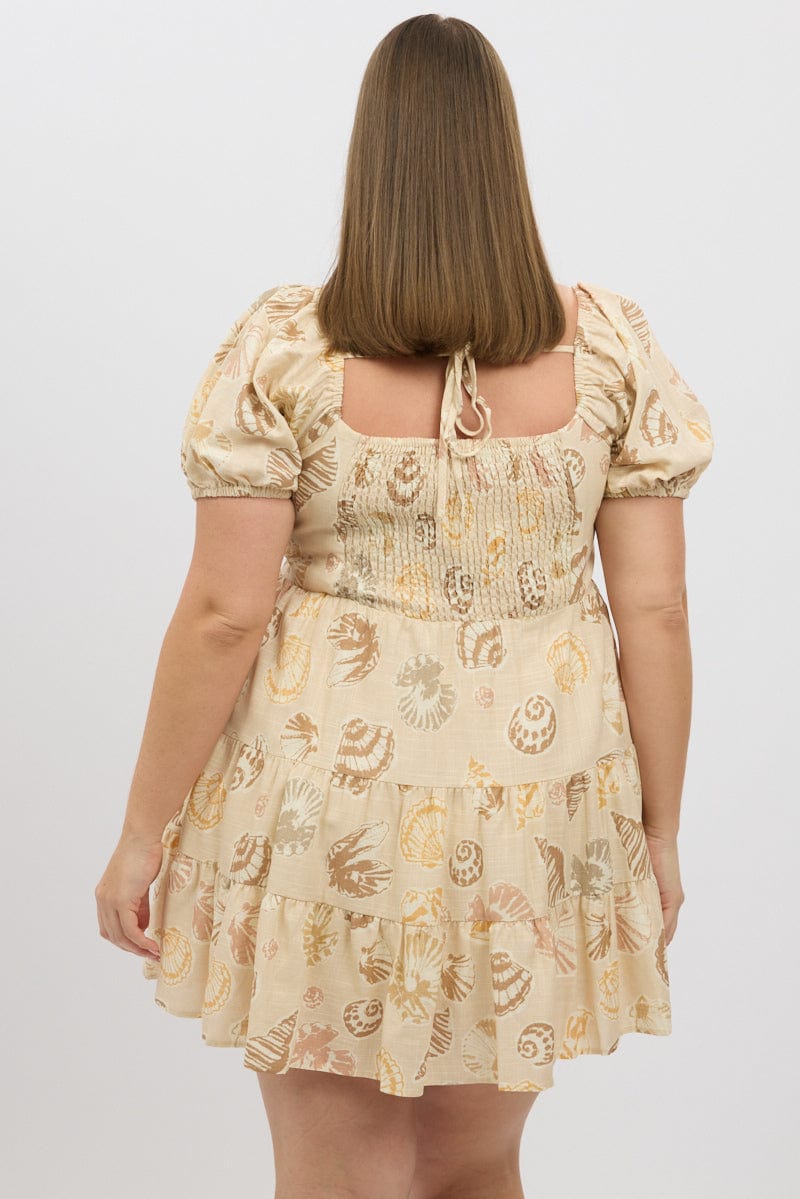 Beige Abstract Puff Sleeve Sweetheart Neck Dress for YouandAll Fashion