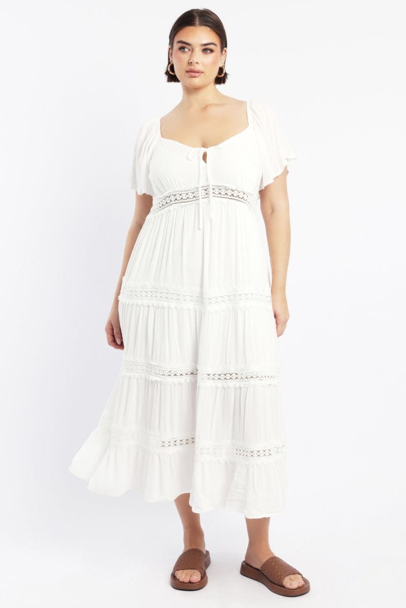 White Maxi Dress Short Sleeve Tiered Crochet for YouandAll Fashion