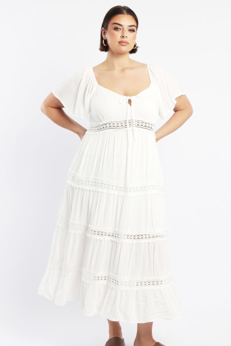 White Maxi Dress Short Sleeve Tiered Crochet for YouandAll Fashion