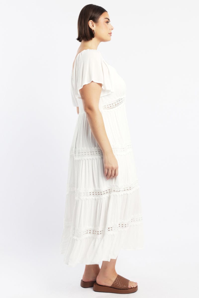 White Maxi Dress Short Sleeve Tiered Crochet for YouandAll Fashion