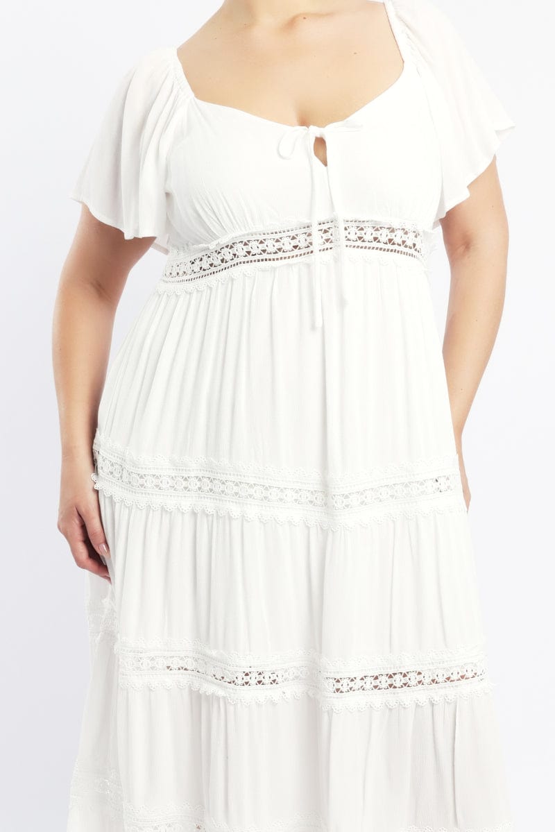 White Maxi Dress Short Sleeve Tiered Crochet for YouandAll Fashion