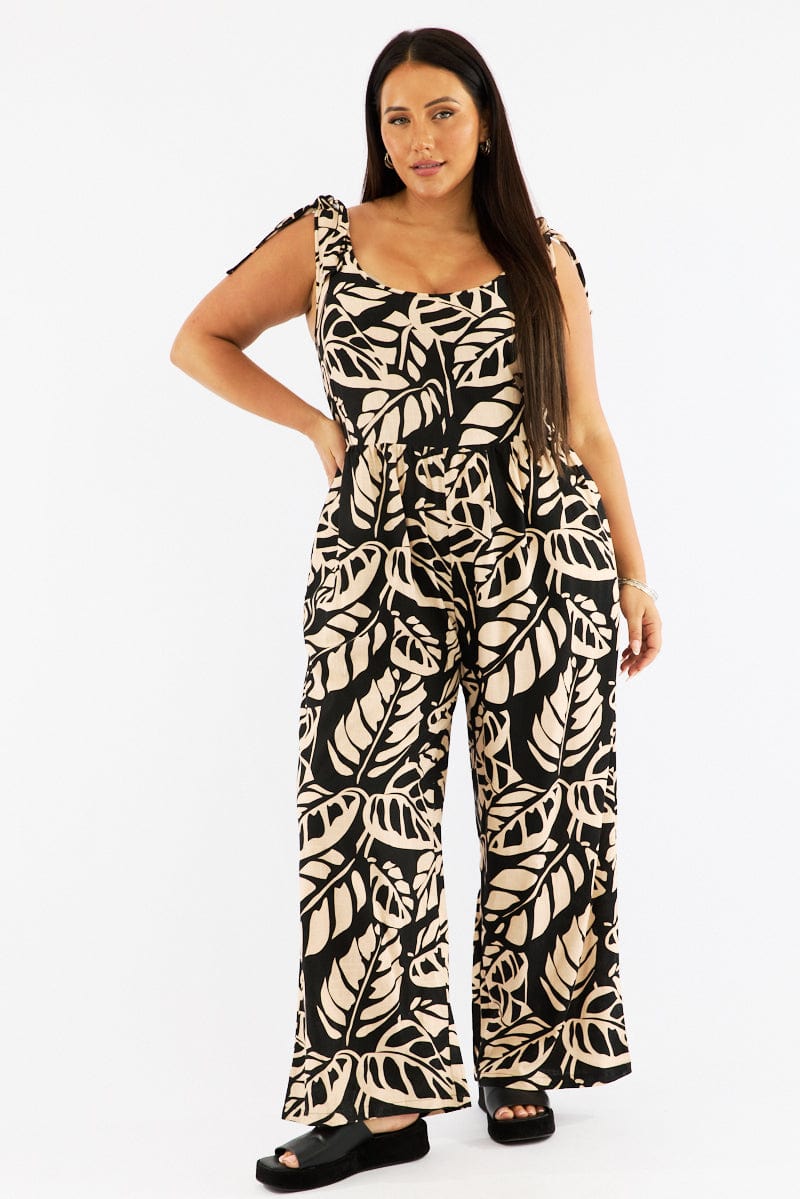 Black Floral Jumpsuit Sleeveless Shoulder Tie Linen Blend for YouandAll Fashion