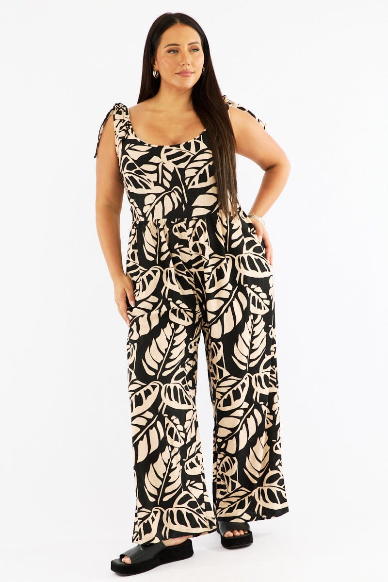 Black Floral Jumpsuit Sleeveless Shoulder Tie Linen Blend for YouandAll Fashion