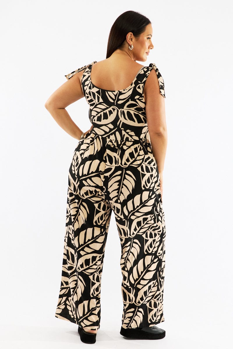 Black Floral Jumpsuit Sleeveless Shoulder Tie Linen Blend for YouandAll Fashion