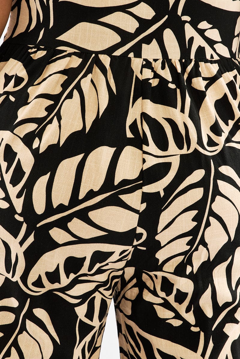 Black Floral Jumpsuit Sleeveless Shoulder Tie Linen Blend for YouandAll Fashion