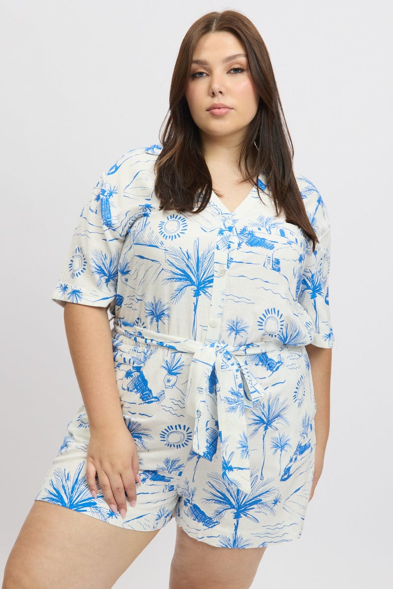 Blue Abstract Playsuit Short Sleeve Shirt for YouandAll Fashion