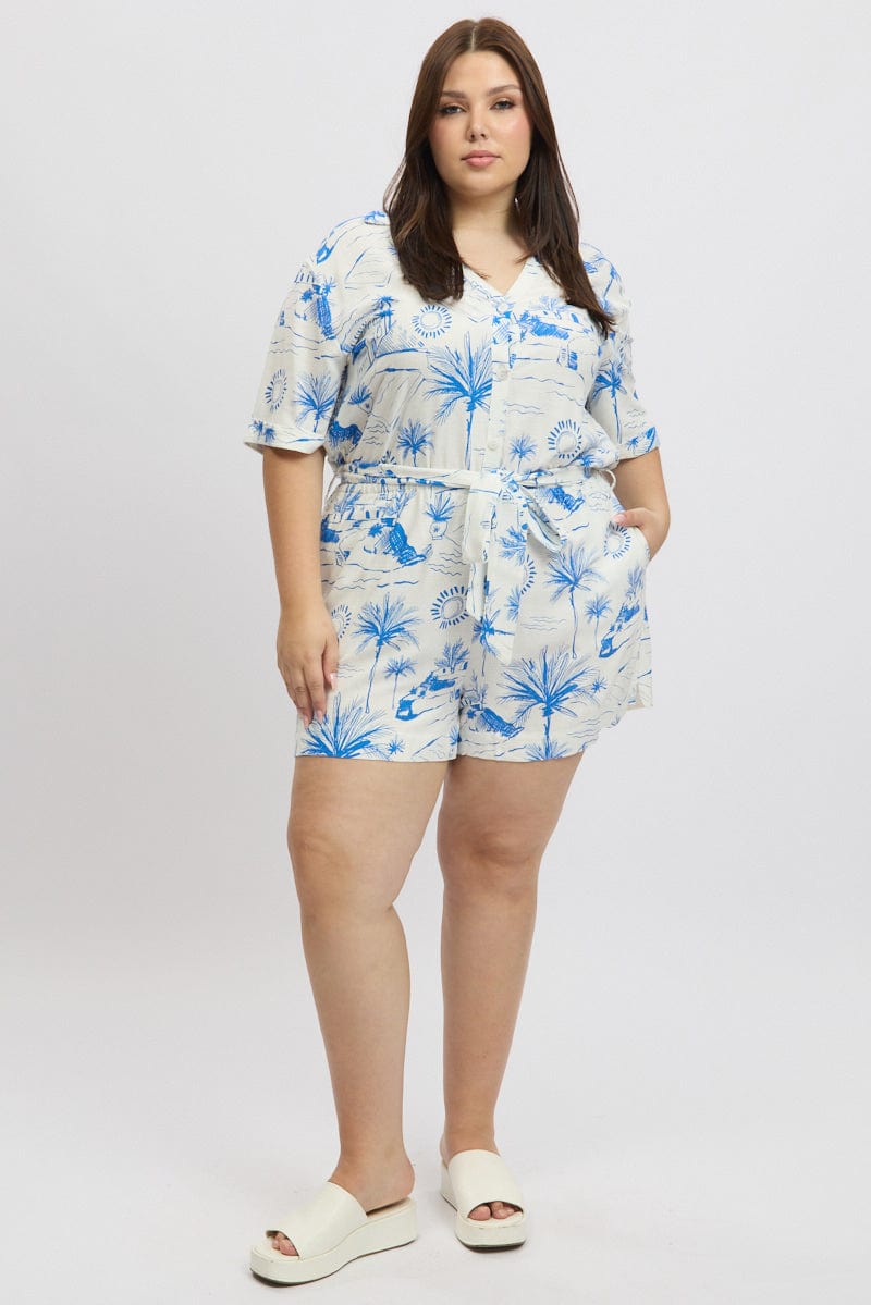 Blue Abstract Playsuit Short Sleeve Shirt for YouandAll Fashion