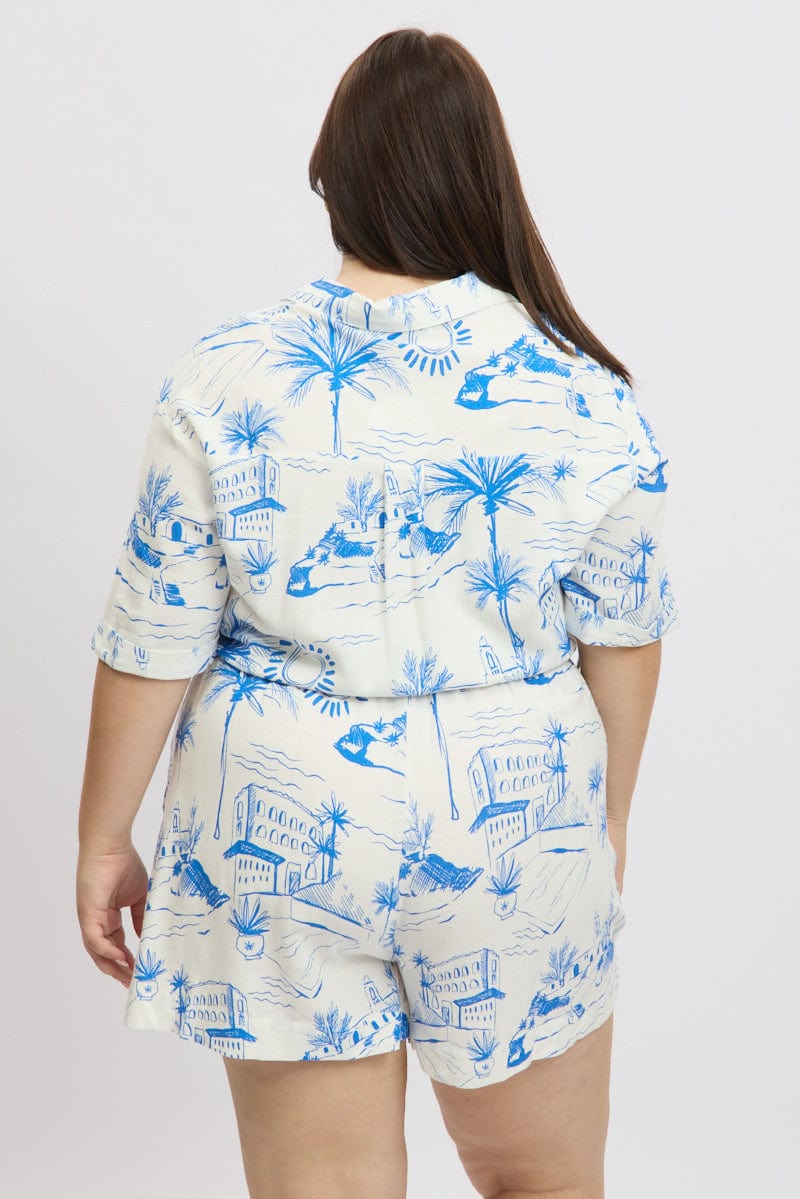 Blue Abstract Playsuit Short Sleeve Shirt for YouandAll Fashion