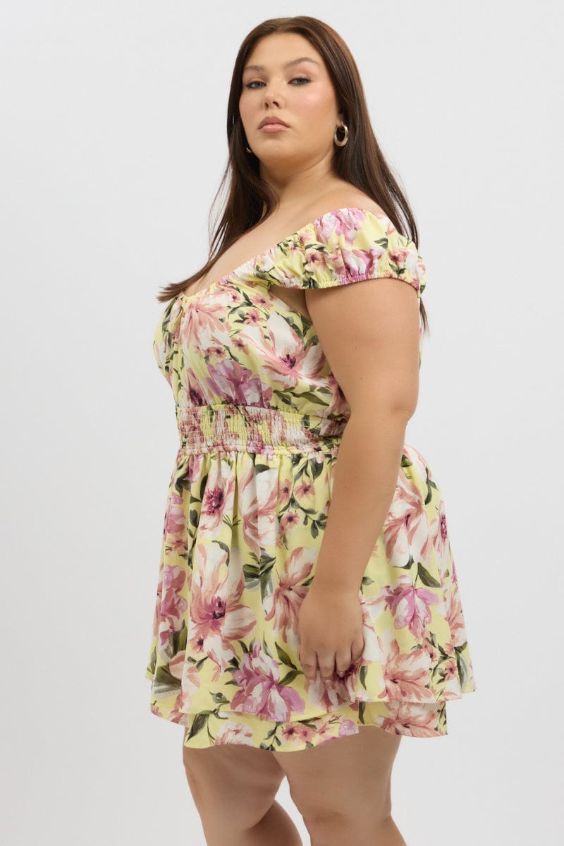 Yellow Floral Ruffle Playsuit Short Sleeve Ruched Bust for YouandAll Fashion