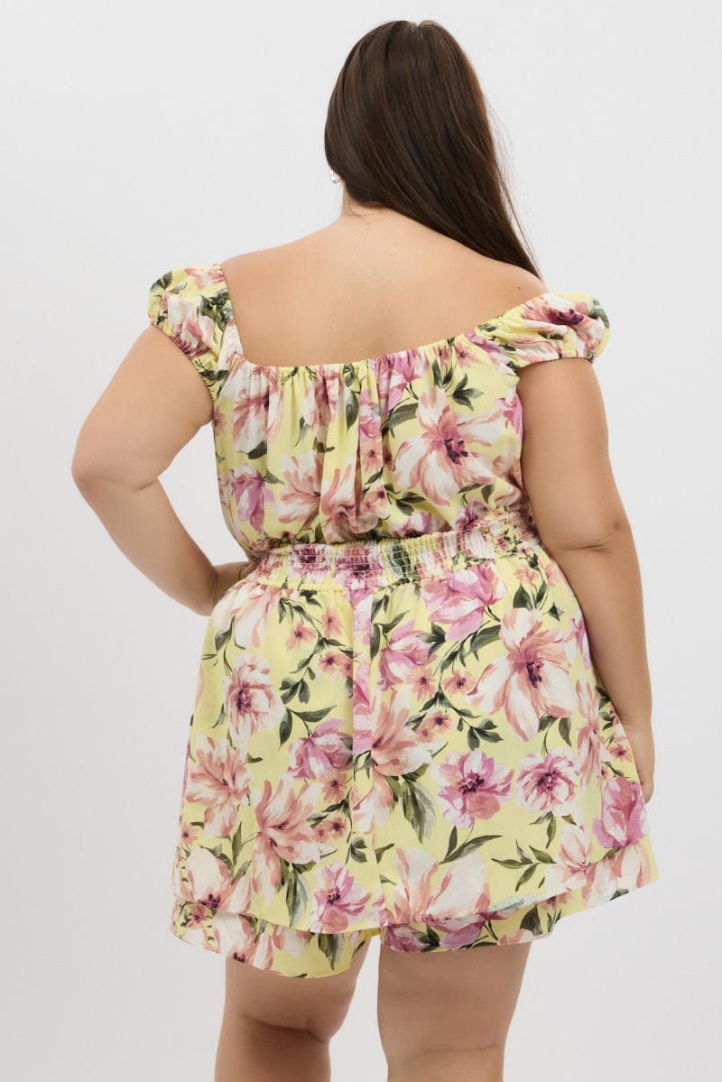 Yellow Floral Ruffle Playsuit Short Sleeve Ruched Bust for YouandAll Fashion