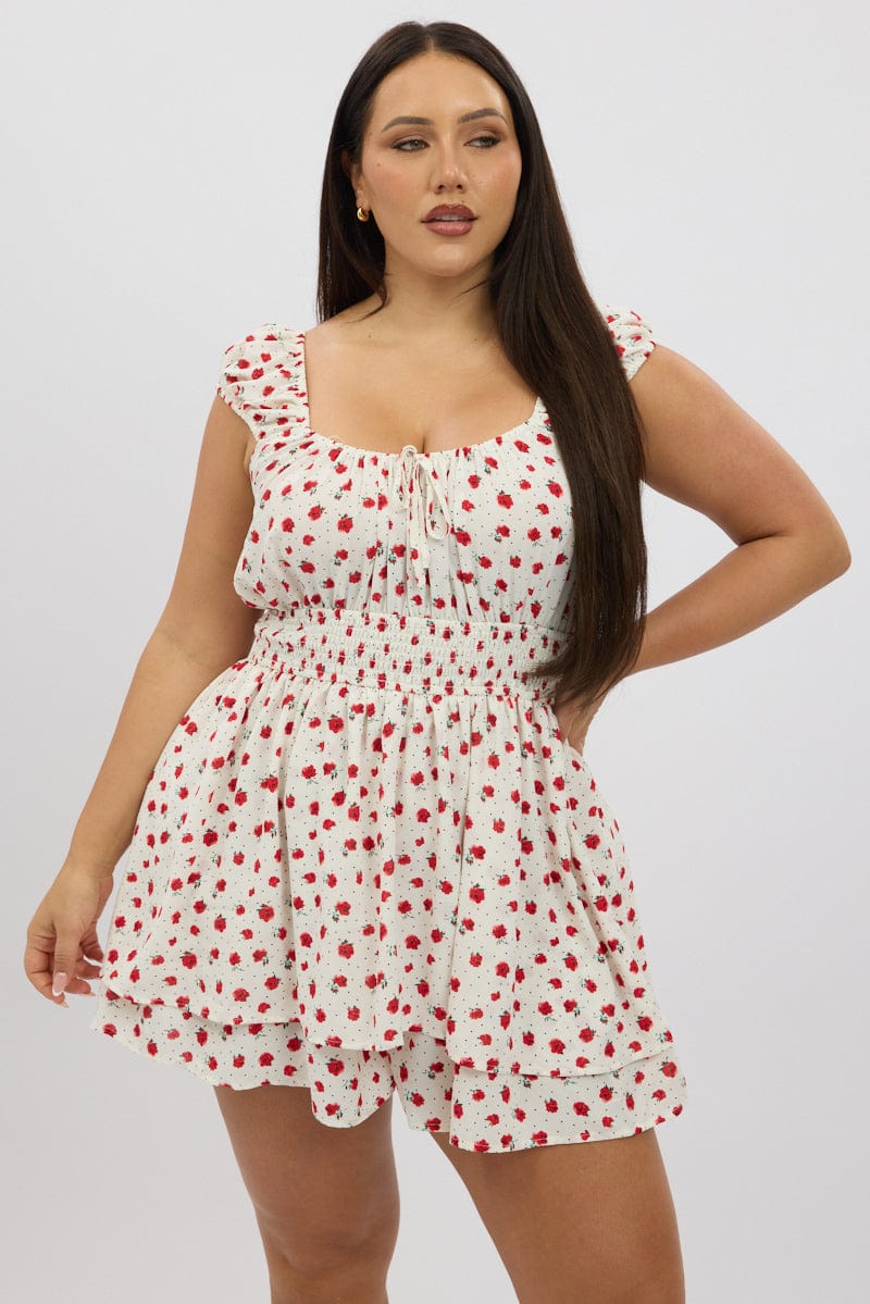 White Ditsy Playsuit Short Sleeve Ruched Bust for YouandAll Fashion