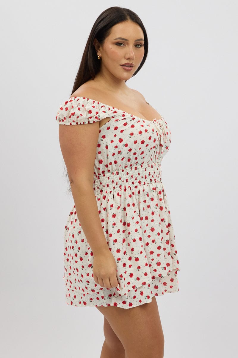 White Ditsy Playsuit Short Sleeve Ruched Bust for YouandAll Fashion