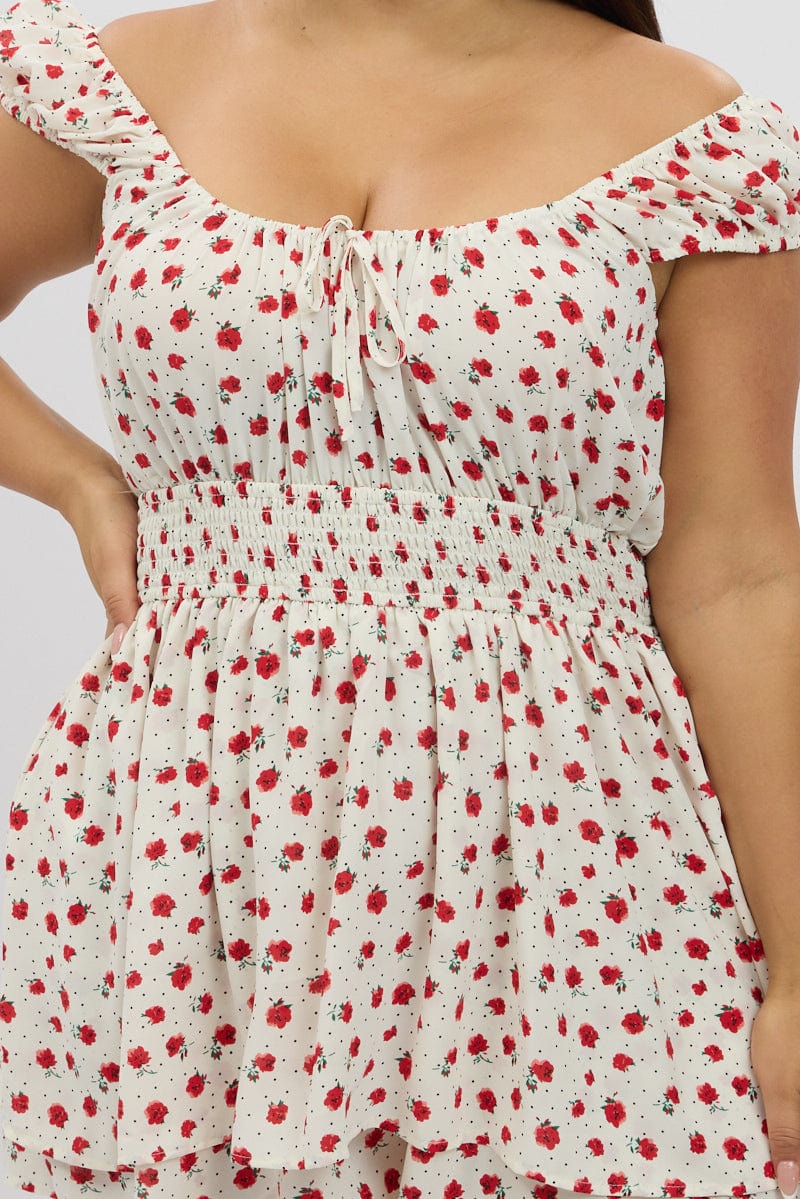 White Ditsy Playsuit Short Sleeve Ruched Bust for YouandAll Fashion