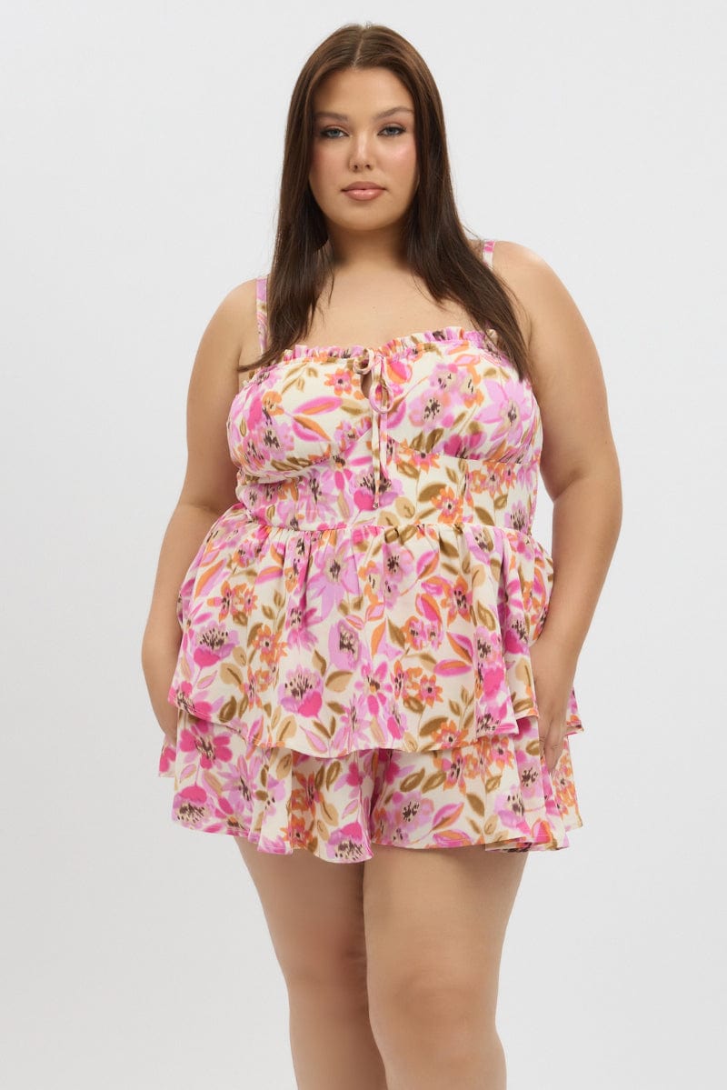 Multi Floral Playsuit Sleeveless Ruched Bust for YouandAll Fashion