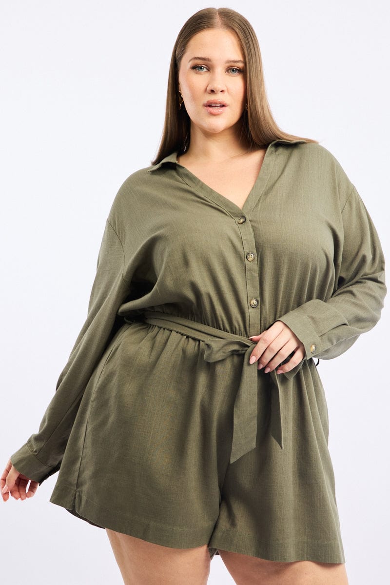 Green Playsuit Long Sleeve Linen Blend You All