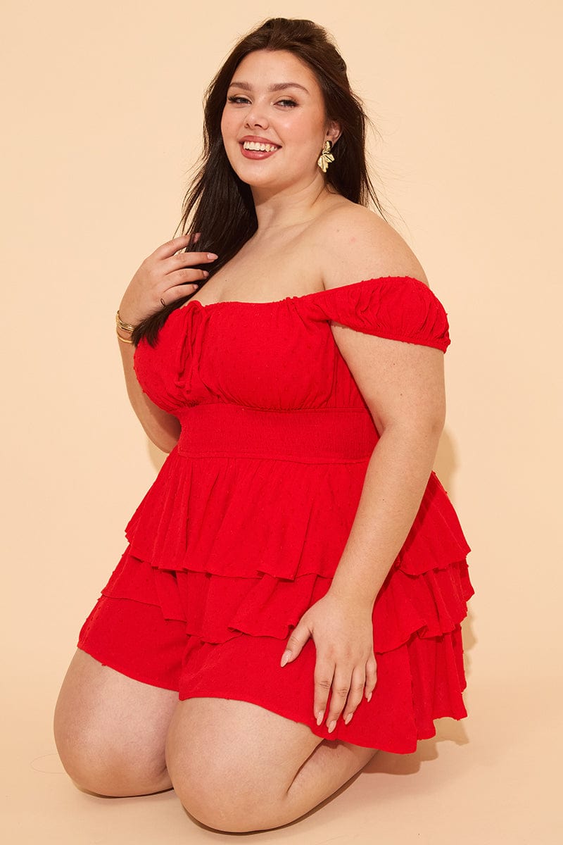 Red Tiered Playsuit Short Sleeve Ruched Bust for YouandAll Fashion