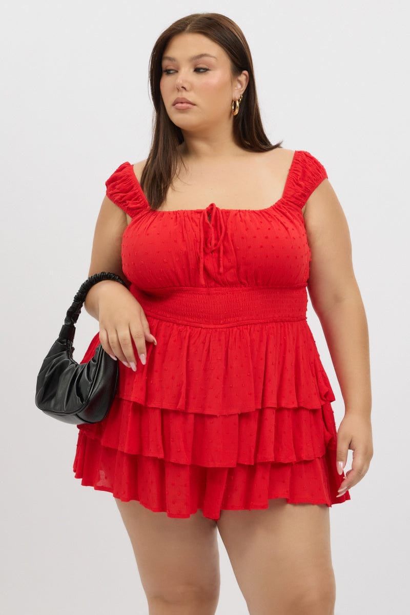 Red Tiered Playsuit Short Sleeve Ruched Bust for YouandAll Fashion