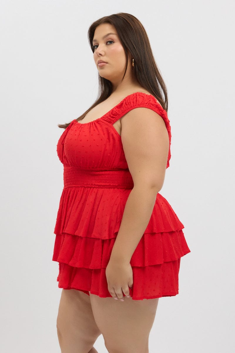 Red Tiered Playsuit Short Sleeve Ruched Bust for YouandAll Fashion
