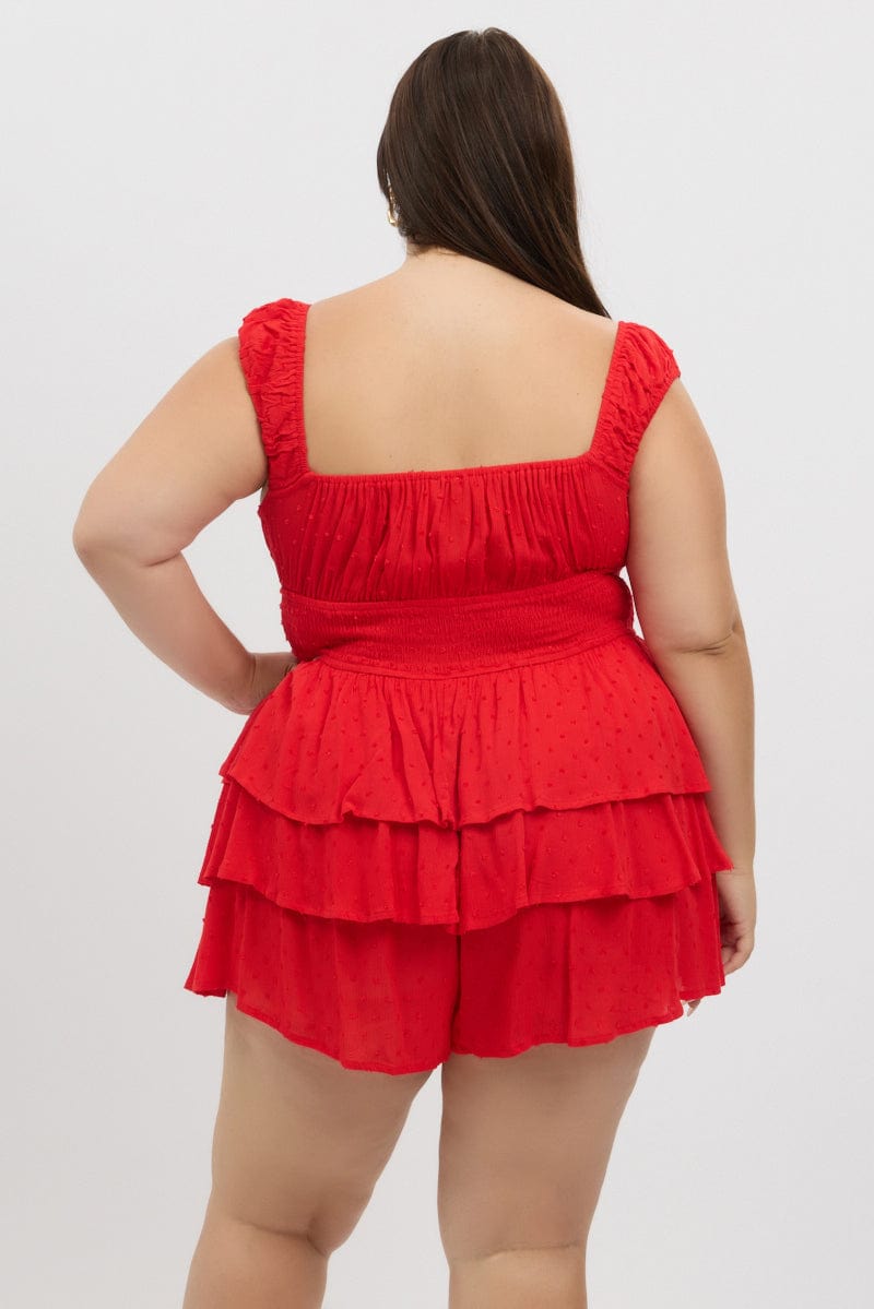 Red Tiered Playsuit Short Sleeve Ruched Bust for YouandAll Fashion