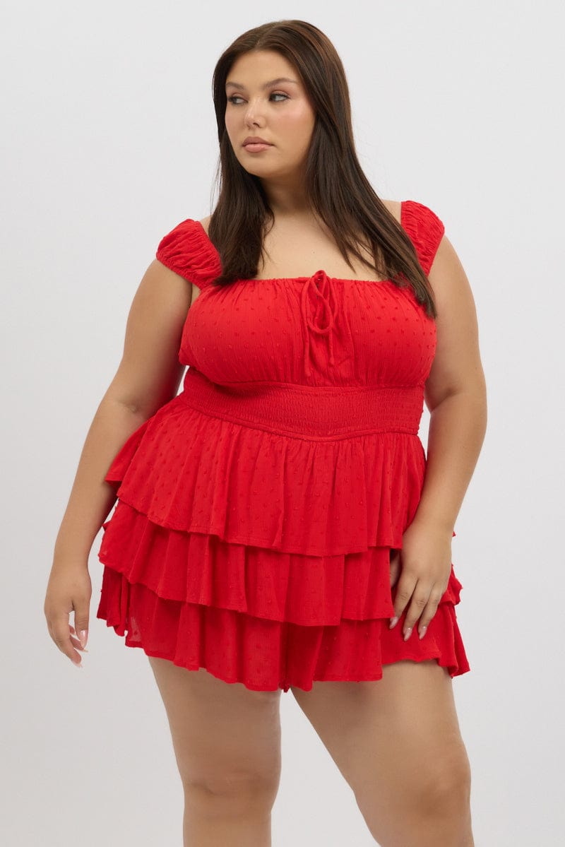 Red Tiered Playsuit Short Sleeve Ruched Bust for YouandAll Fashion