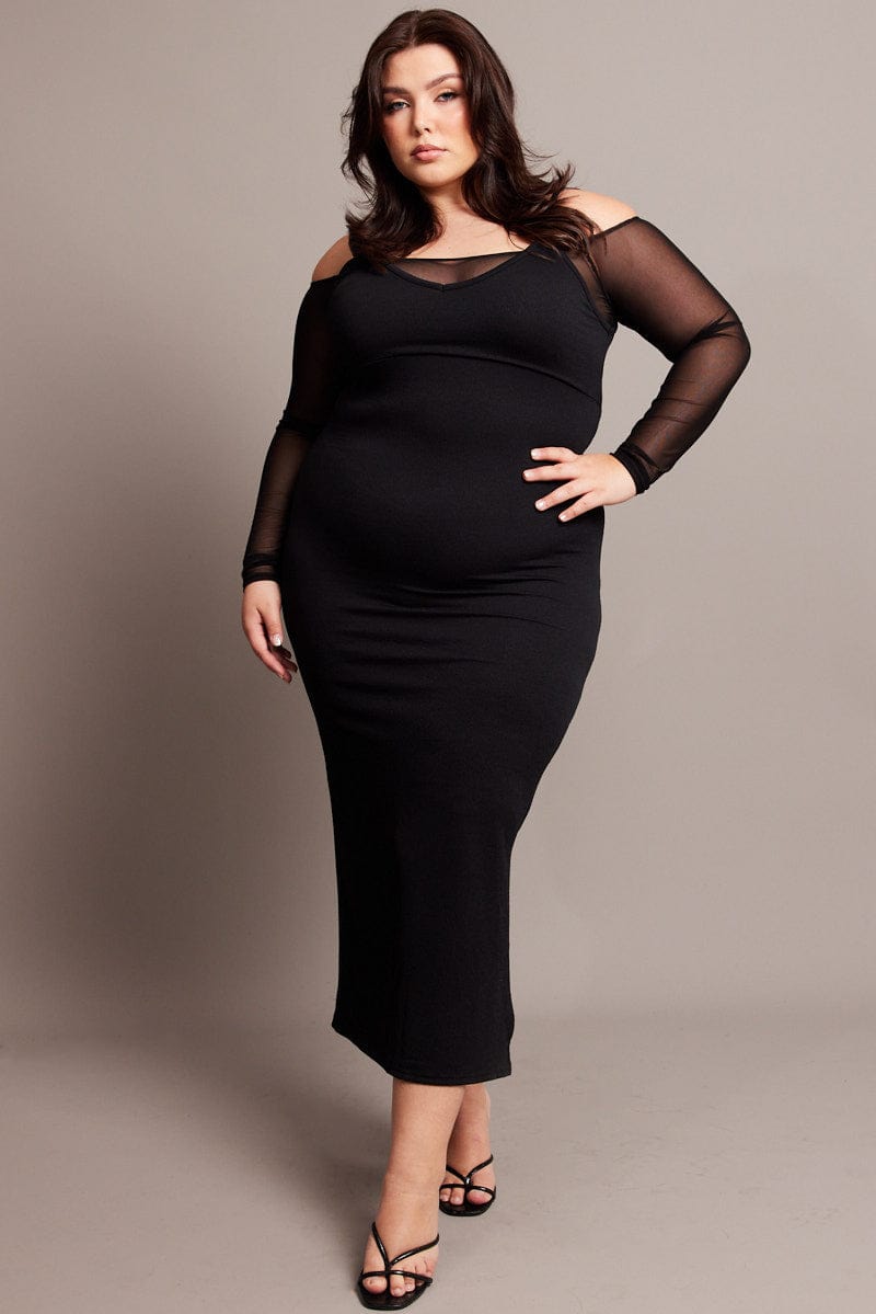 Black Cold Shoulder Bodycon Maxidress With Mesh Sleeves You All