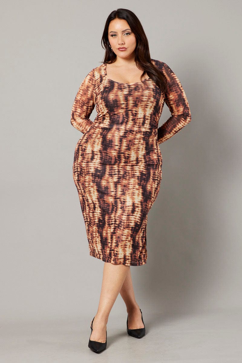 Brown Abstract Long Sleeve Mesh Tie Dye Midi Dress | You & All Brown Abstract Long Sleeve Mesh Tie Dye Midi Dress | You & All