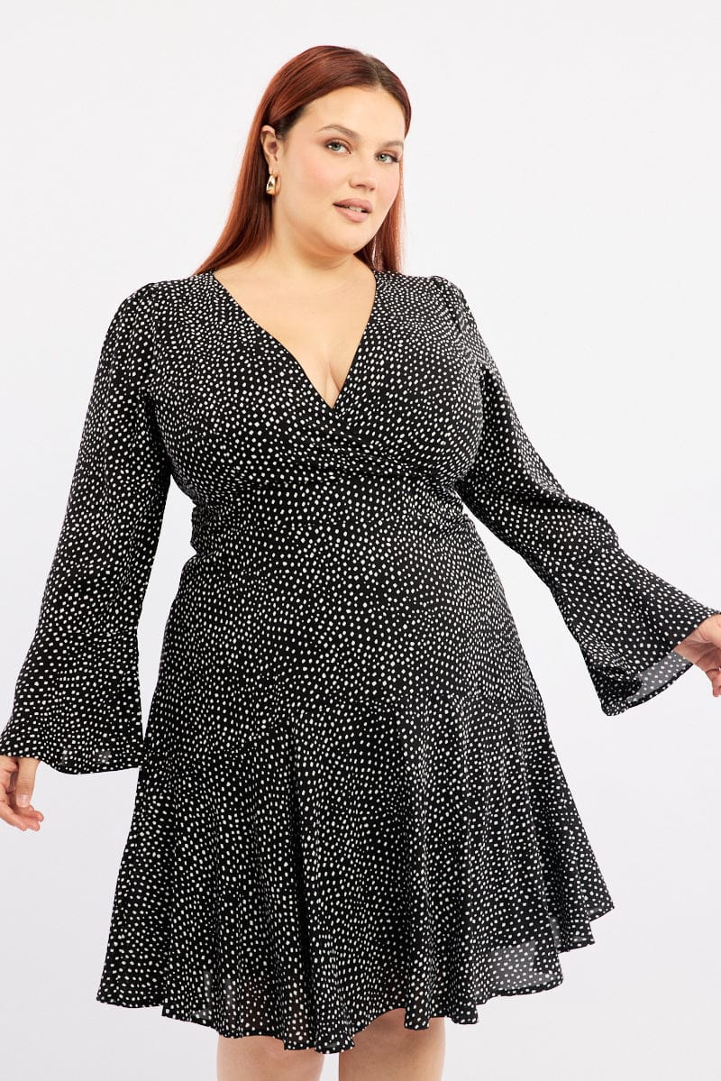 Plus Size Geo Print Skater Dress V-Neck Long Sleeve You All