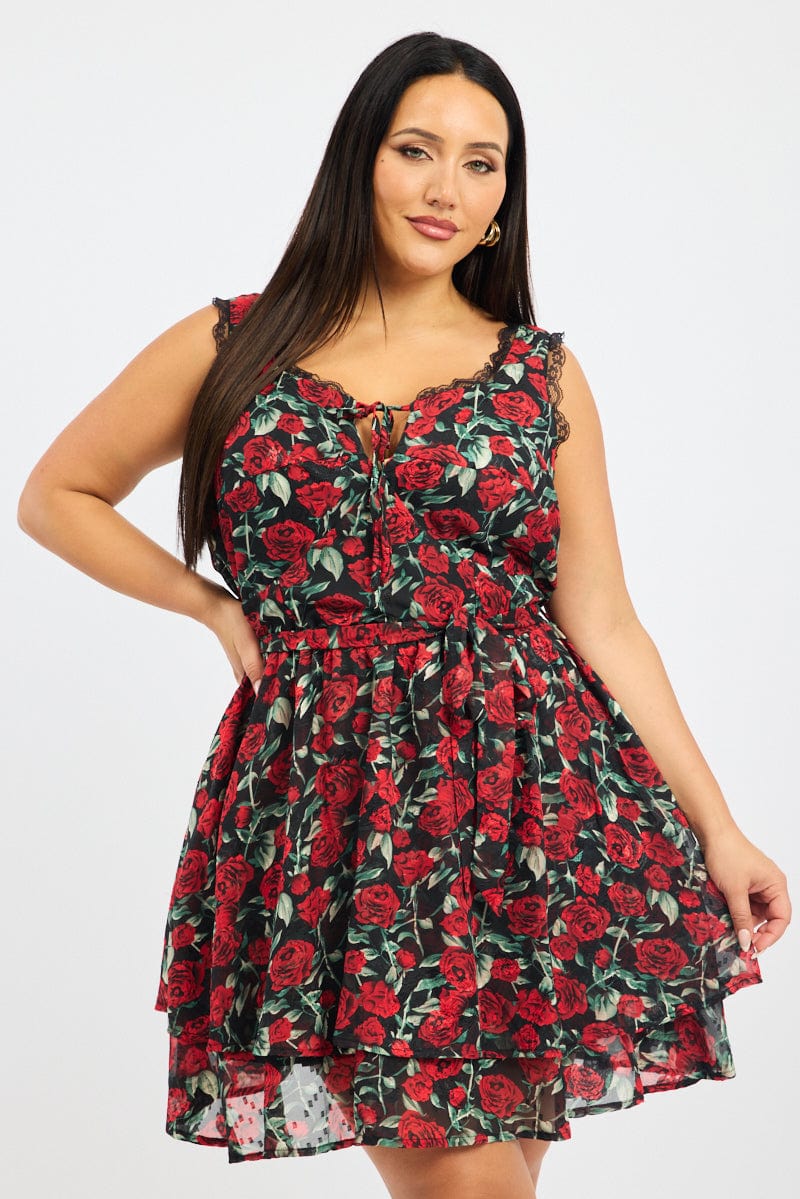Black Floral Rose Print Lace Trim Minidress | You & All Black Floral Rose Print Lace Trim Minidress | You & All