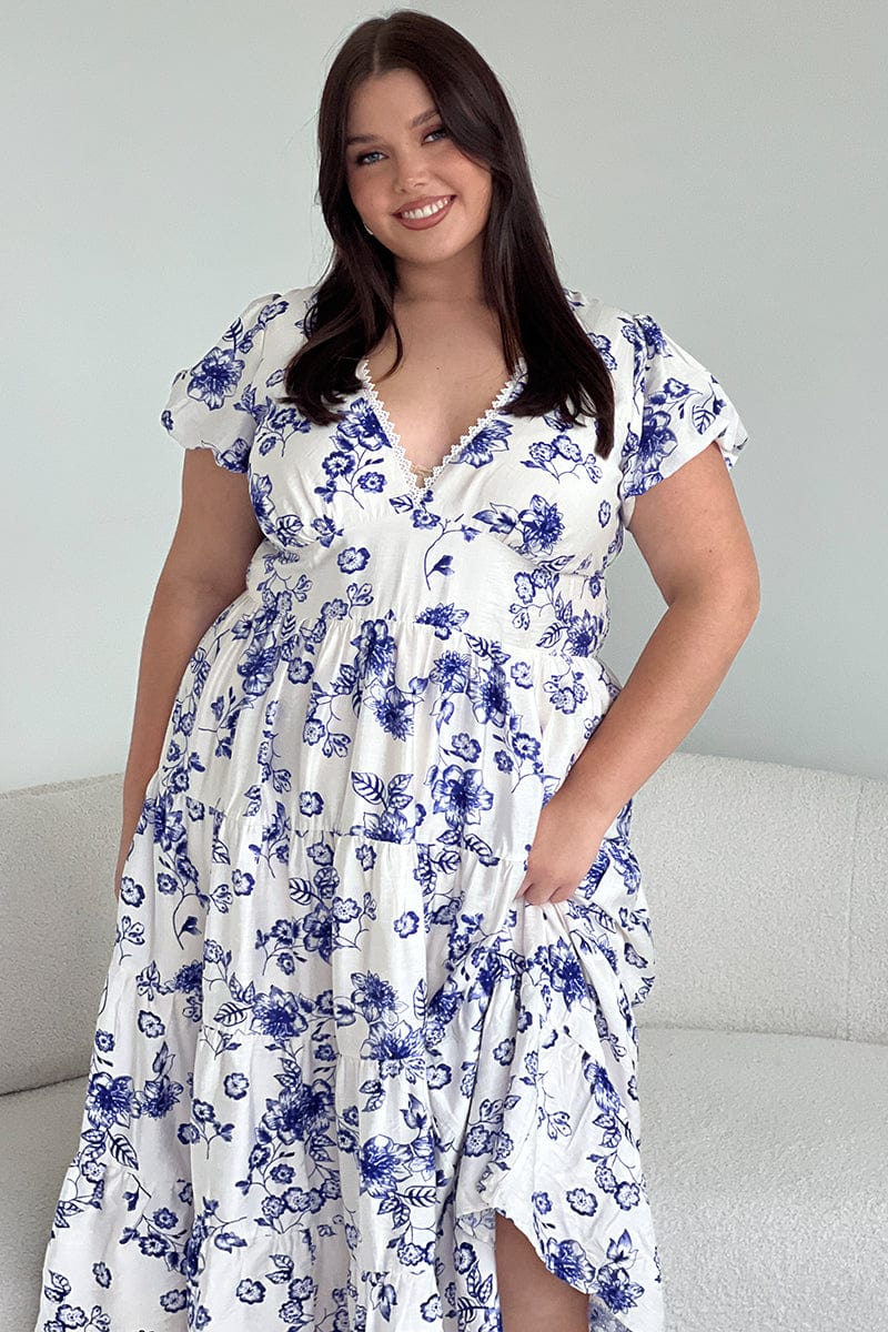 Blue Floral Maxi Dress Short Sleeve V Neck Tiered | You & All Blue Floral Maxi Dress Short Sleeve V Neck Tiered | You & All