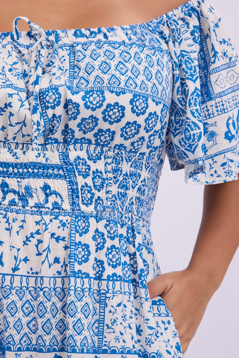 White Boho Maxi Dress Short Sleeve Ruched Bust Linen Blend for YouandAll Fashion