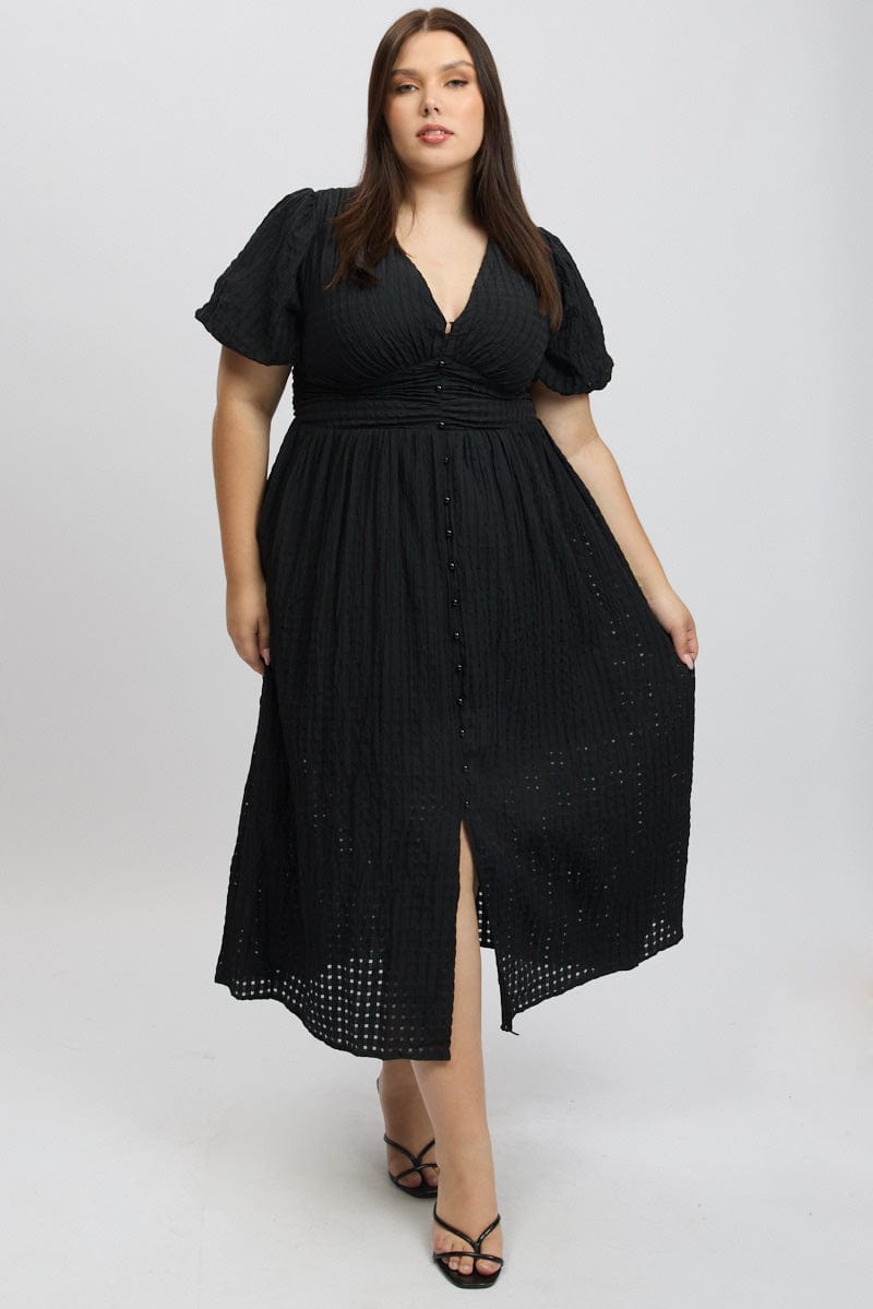 Black Midi Dress Short Sleeve V-Neck Window Check You All