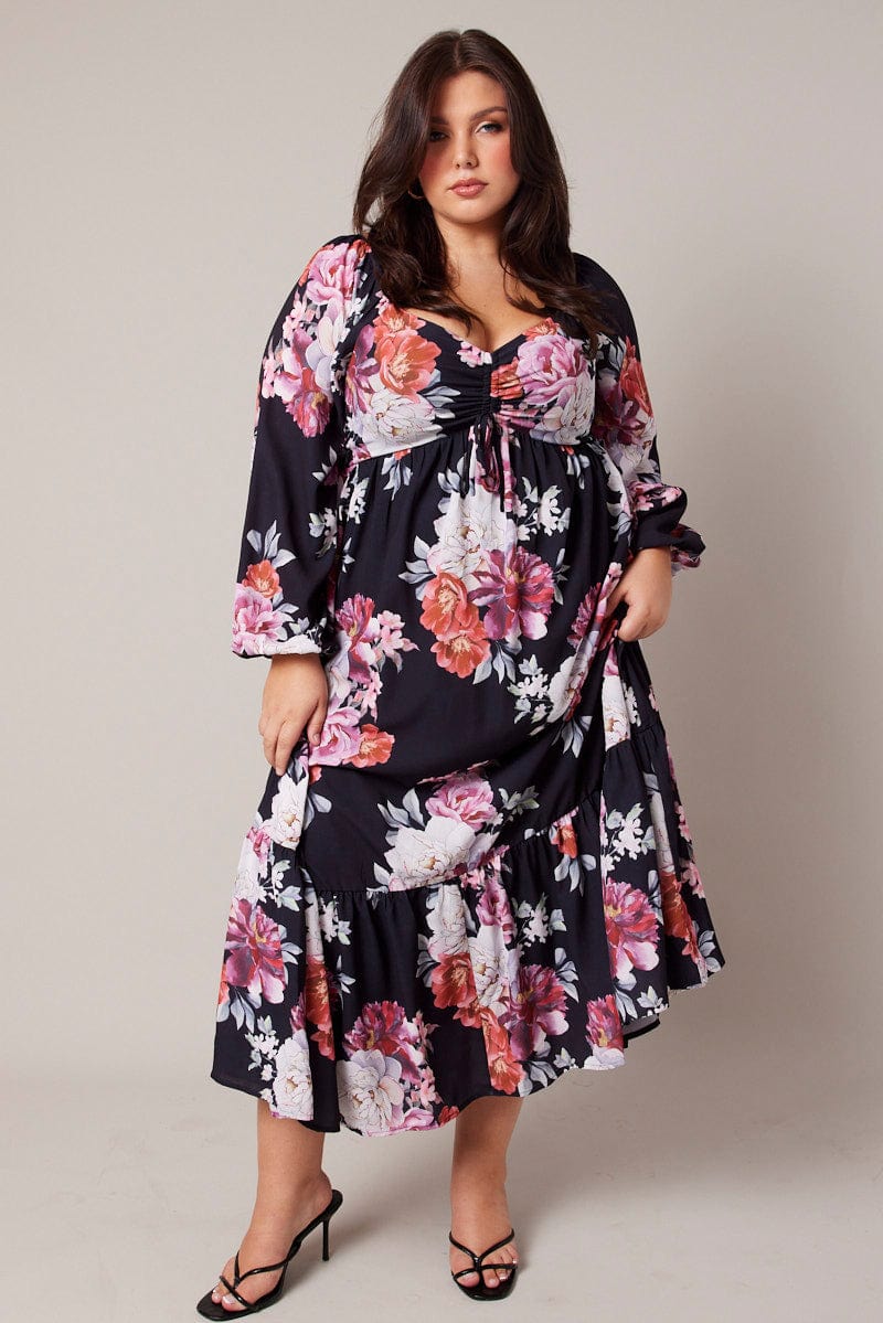 Black Floral Midi Dress Long Sleeve Ruched Bust | You & All Black Floral Midi Dress Long Sleeve Ruched Bust | You & All