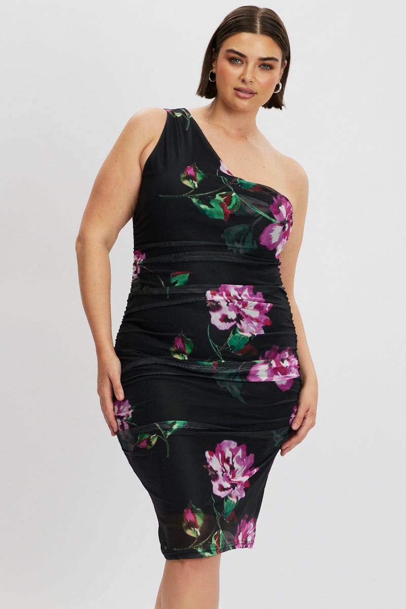 Black Floral One Shoulder Ruched Midi Dress | You & All Black Floral One Shoulder Ruched Midi Dress | You & All