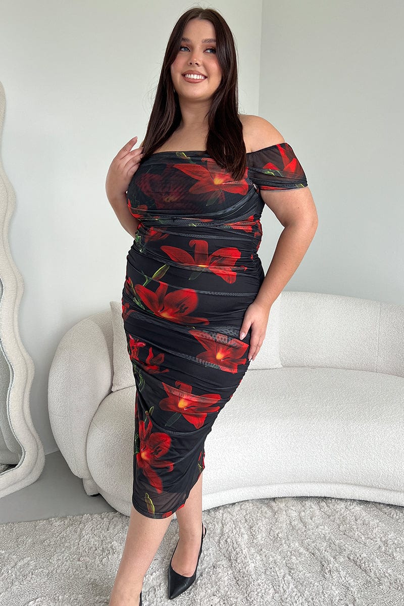 Red Floral Midi Dress Off Shoulder Ruched Mesh | You & All Red Floral Midi Dress Off Shoulder Ruched Mesh | You & All