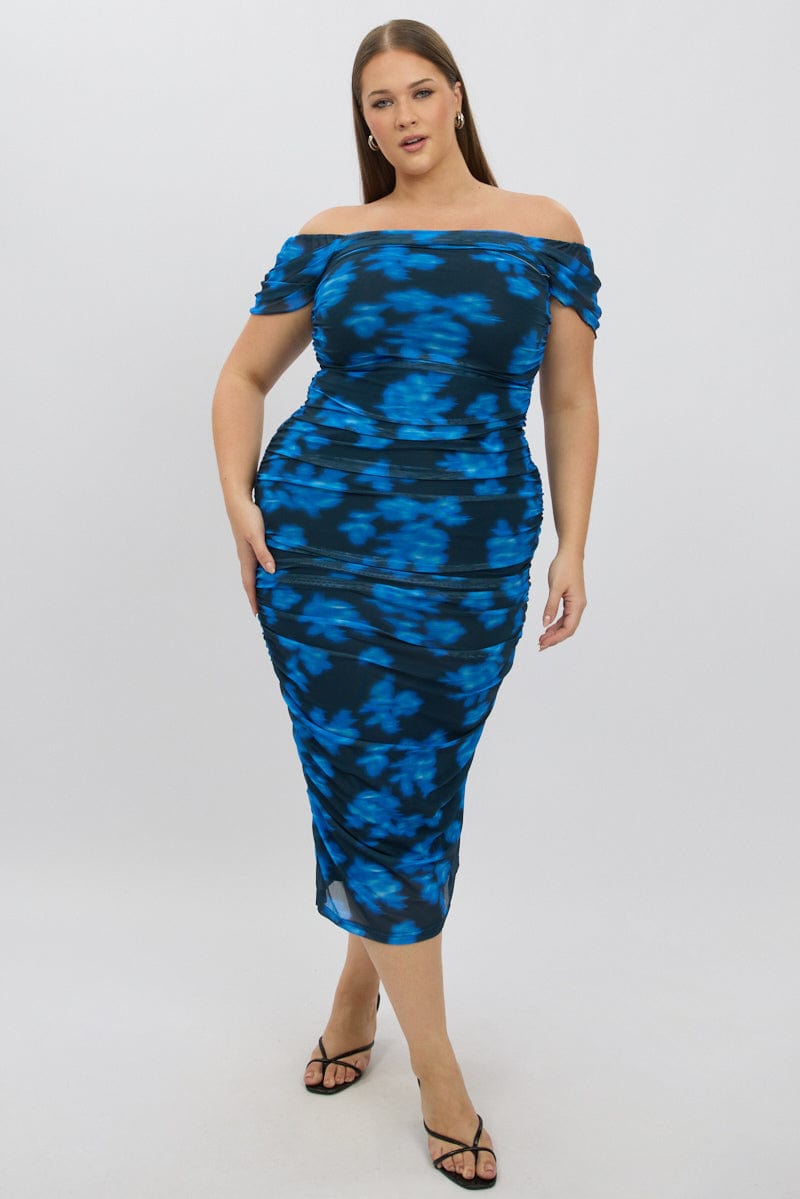 Blue Abstract Midi Dress Off Shoulder Ruched Mesh | You & All Blue Abstract Midi Dress Off Shoulder Ruched Mesh | You & All