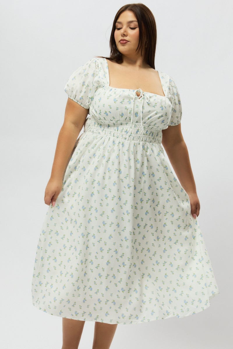 Blue Ditsy Midi Dress Short Sleeve Ruched Bust for YouandAll Fashion