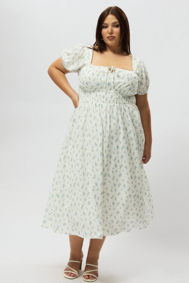 Blue Ditsy Midi Dress Short Sleeve Ruched Bust for YouandAll Fashion