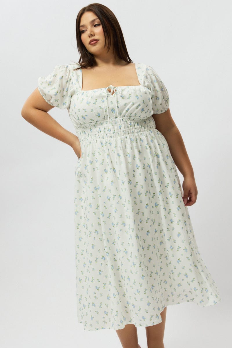 Blue Ditsy Midi Dress Short Sleeve Ruched Bust for YouandAll Fashion