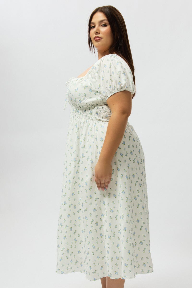 Blue Ditsy Midi Dress Short Sleeve Ruched Bust for YouandAll Fashion