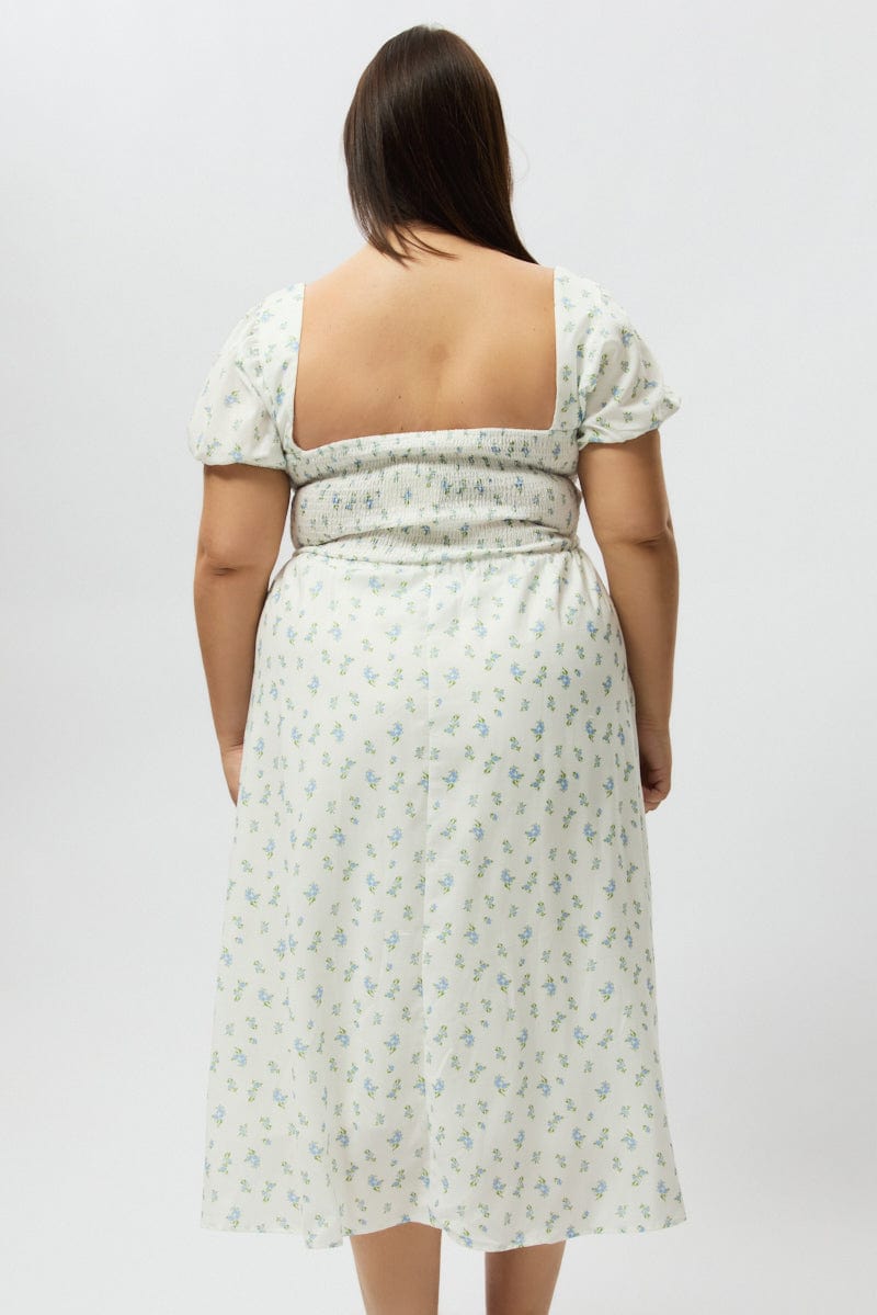 Blue Ditsy Midi Dress Short Sleeve Ruched Bust for YouandAll Fashion