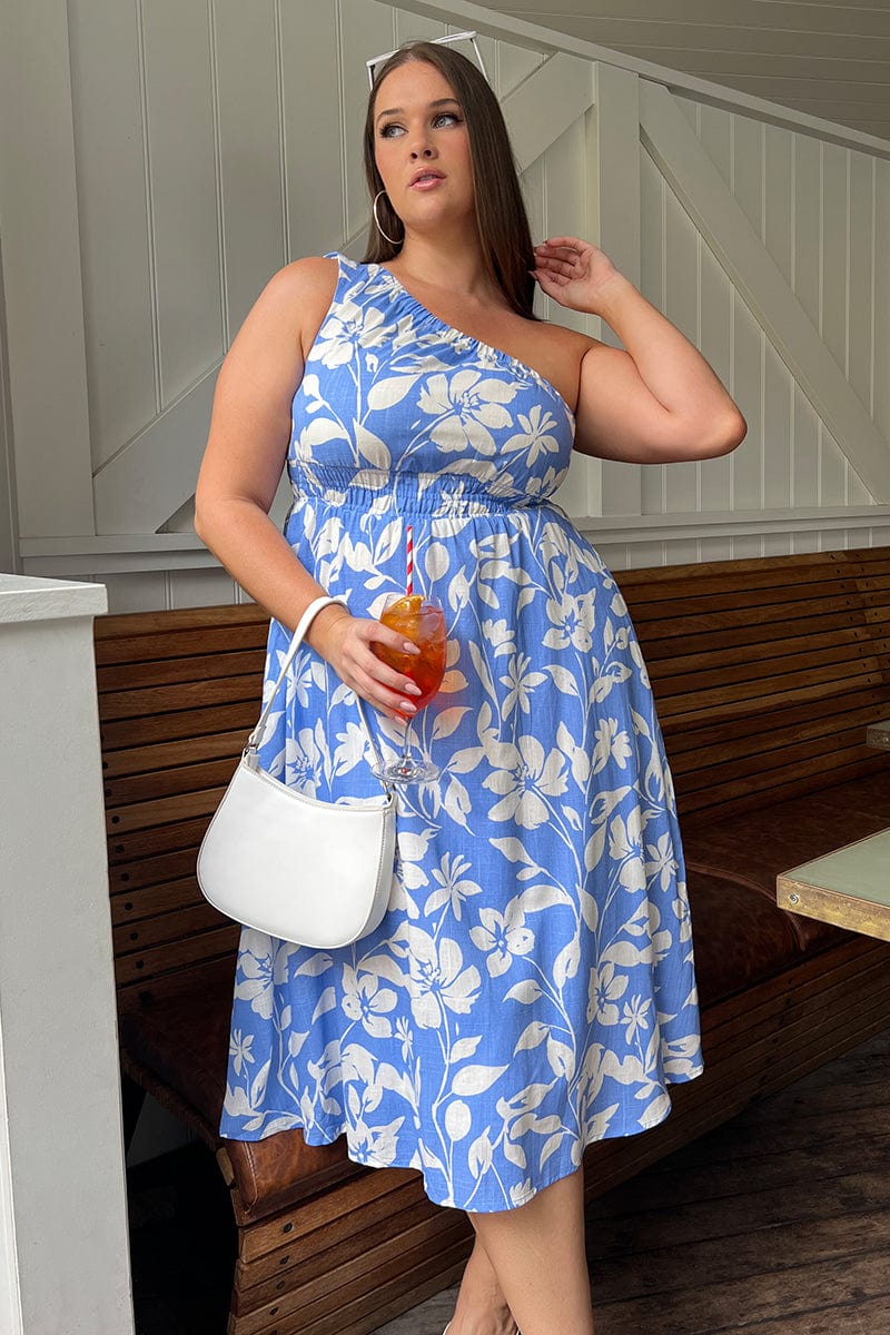 Blue Floral Midi Dress One Shoulder Linen Blend You All