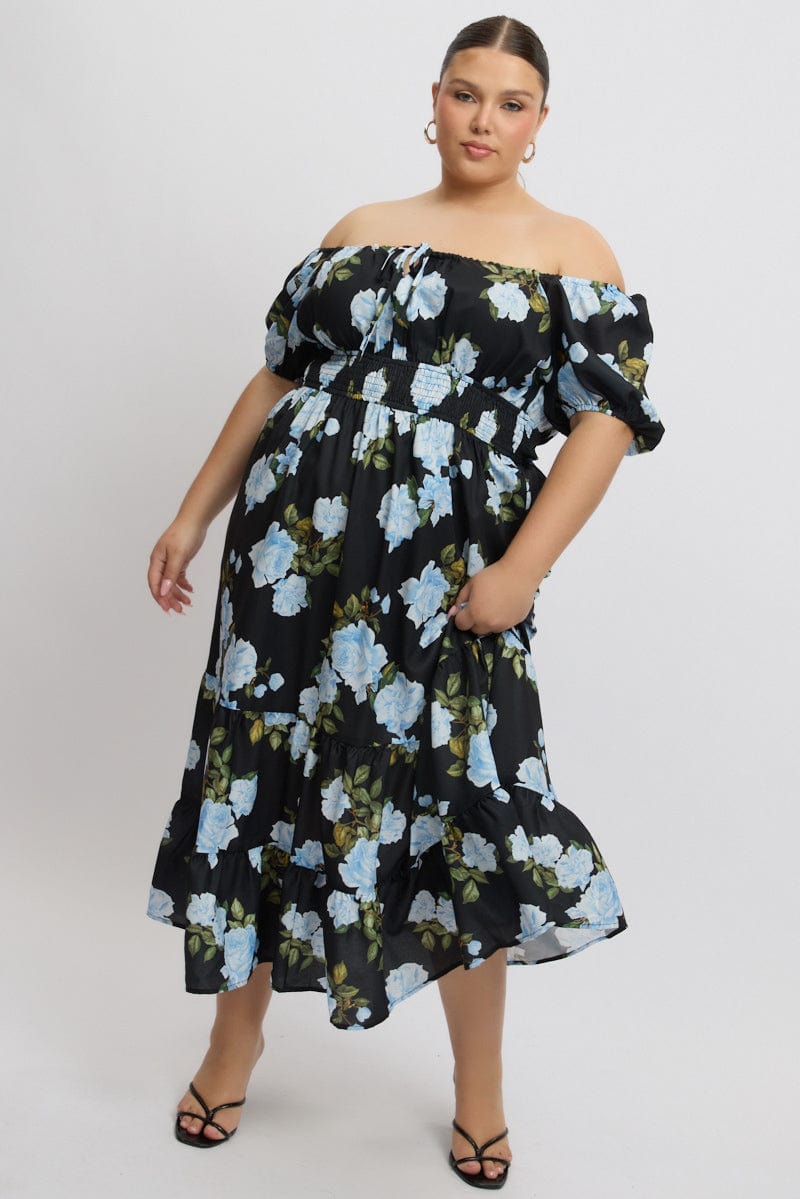 black flowered bust midi dress Strapless Midi Dress with Beaded Floral Bodice 45640