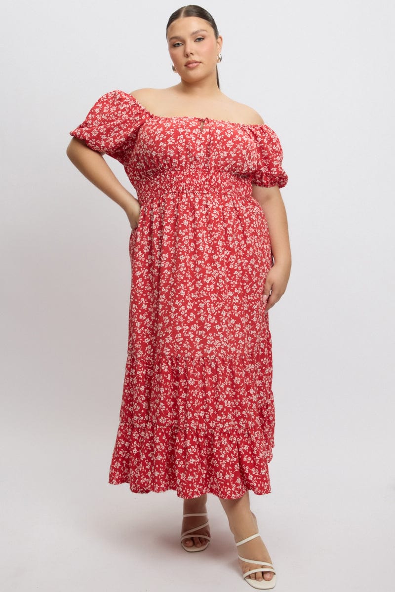 Red Ditsy Midi Dress Short Sleeve Ruched Bust You All